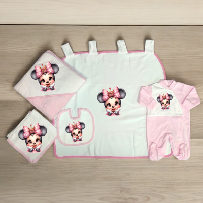 Conjunto de bebés com estampado Minnie Mouse rosa e branco