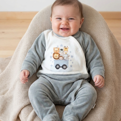 Bebé sorridente sentado em macacão cinza e branco com estampado de animais e carrinho.