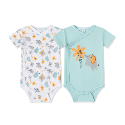 Dois bodies de bebé com padrões de elefantes e flores, um branco e outro azul claro.