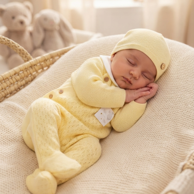 Bebé a dormir vestido com macacão amarelo claro e gorro no berço de verga com manta bege