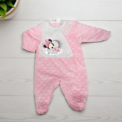 Macacão bebé rosa com estampa da Minnie bebé e textura bolinhas