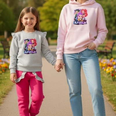 Criança e mulher sorridentes vestem sweatshirts com estampados coloridos de personagens animados num parque