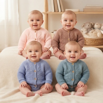 Quatro bebés com cardigans de malha coloridos sentados sobre tecido bege em ambiente interior