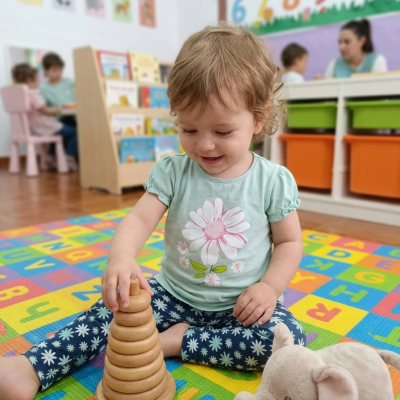 Criança bricando com brinquedo de empilhar madeira num tapete educativo colorido