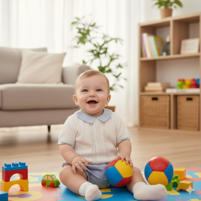 Bebé sentado no tapete colorido a segurar uma bola de plástico