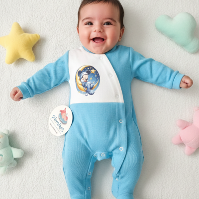 Bebé sorridente com macacão azul claro e branco com estampa do Mickey