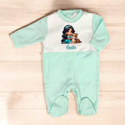 Macacão bebé verde água e branco com estampa de menina e tigre e nome Anita