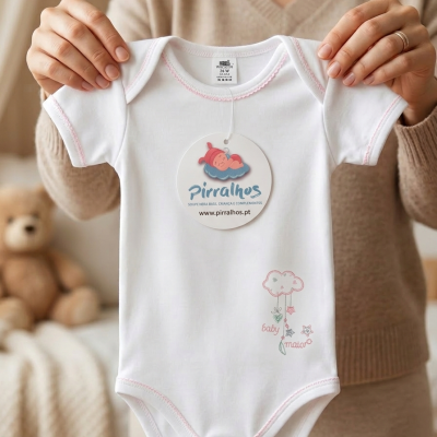 Body branco de bebé com costuras rosa e estampa de nuvem com estrelas