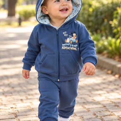 Criança a usar um conjunto azul com capuz e estampa de Mickey Mouse