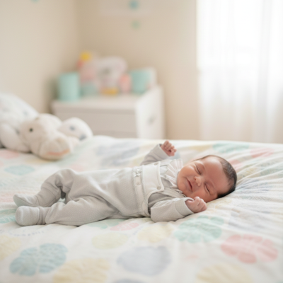 Bebé a dormir numa cama com edredão colorido em quarto claro