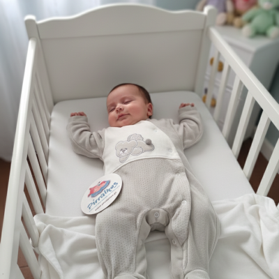 Bebé deitado num berço branco com fato de dormir cinza e ursinho, etiqueta Pirralles visível