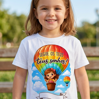 Criança com t-shirt branca estampada com balão de ar quente colorido e texto motivacional.