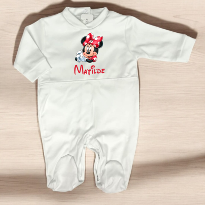 Macacão de bebé branco com estampado da Minnie Mouse e nome Matilde