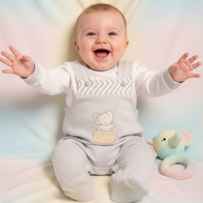 Bebé sentado com macacão cinzento e brinquedo elefante colorido