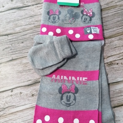 Conjunto bebê Disney Minnie gorro, cachecol e luva, cinza com rosa e branco