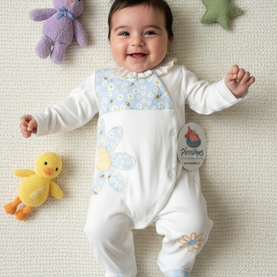 Bebé sorridente deitado com macacão branco azul com padrão de flores e abelhas rodeado por brinquedos peluche