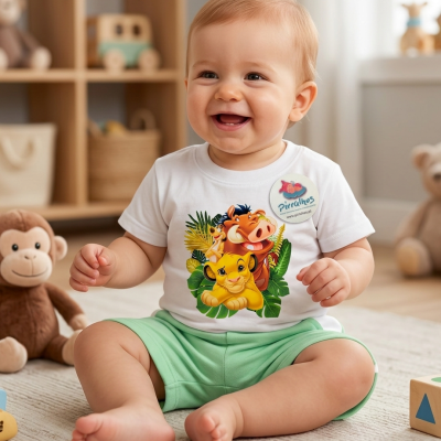 Bebé sorridente com camisola branca e estampa do Rei Leão sentada no chão de uma sala de brincar.