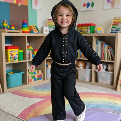 Criança com roupa preta com capuz e lantejoulas sorrindo num quarto colorido de brincar