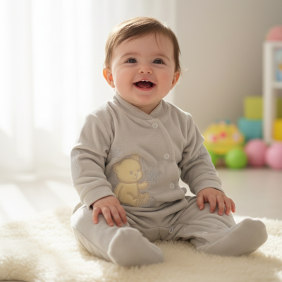 Bebé com macacão cinza claro e ursinho sentado num tapete felpudo