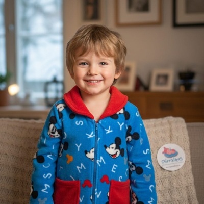 Criança com roupão azul do Mickey Mouse com capuz e bolsos vermelhos