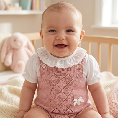 Bebé sorridente com body cor-de-rosa em malha e camisola branca sentada num berço de madeira com brinquedo coelho rosa ao fundo