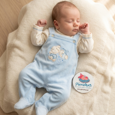 Recém-nascido a dormir com roupa azul e creme sobre manta de malha