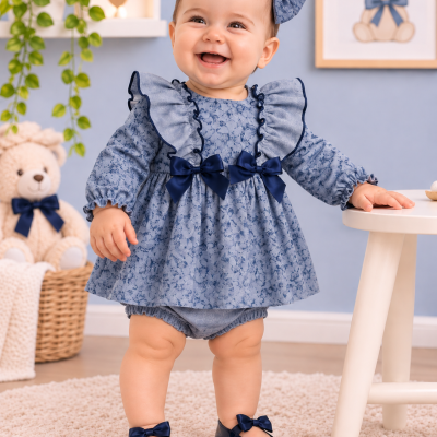 Bebé feliz vestida com roupa azul com laços e folhos, em ambiente com ursos de pelúcia.
