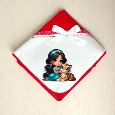 Toalha de bebé vermelha e branca com laço e imagem de menina com tigre.