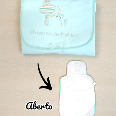 Mapa-cama azul claro com bordado e texto, e muda-fraldas aberto em fundo bege