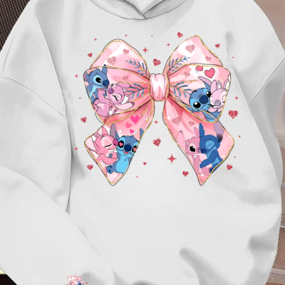 Sweatshirt branca com laço rosa ilustrado com personagens Stitch