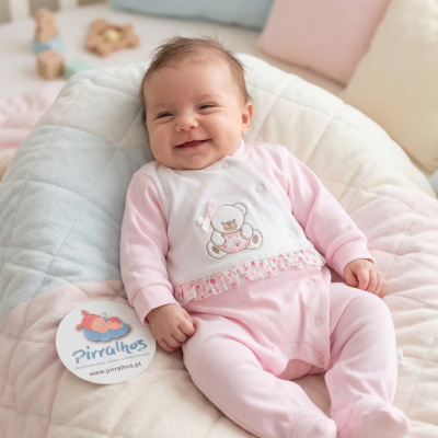 Bebé sorridente de fato de banho rosa e branco com ursinho, num almofadão acolchoado tricolor com almofadas pastel e brinquedos de madeira
