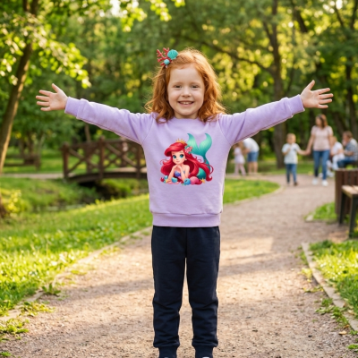 Criança com sweatshirt lilás com Ariel da Pequena Sereia no parque