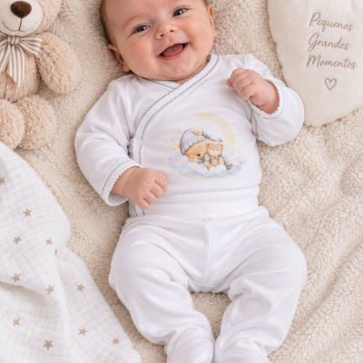 Bebé sorridente vestido com roupa branca e ursinho ao lado