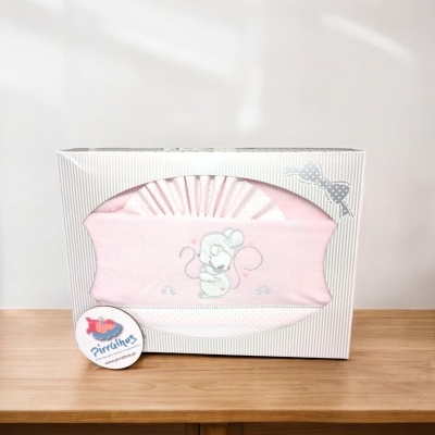 Pacote de roupa de bebé rosa com bordado de rato e caixa riscada