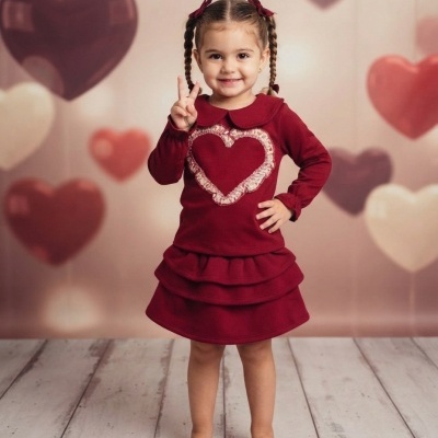 Menina com vestido bordô de manga comprida com coração brilhante e saia de camadas, com balões de coração ao fundo.