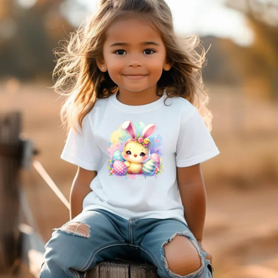 Criança com t-shirt branca estampada de coelho e ovos de Páscoa, calças rasgadas e botas castanhas sentada ao ar livre