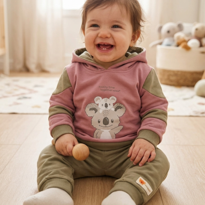 Bebé sorridente sentado no chão de madeira vestindo hoodie rosa com capuz e calças verdes, segurando brinquedo de madeira.