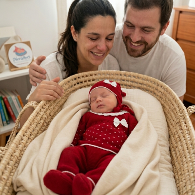 Bebé em berço de vime com roupa vermelha e manta creme, casal sorridente ao fundo