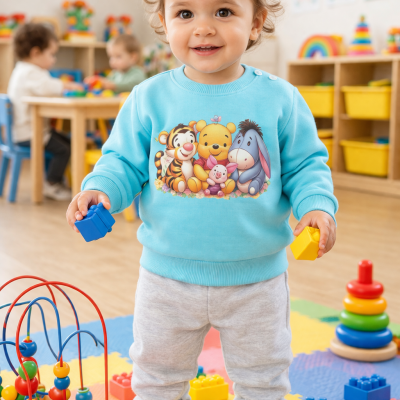 Criança com sweatshirt azul claro e calças cinza claro numa sala de brincadeiras com blocos coloridos