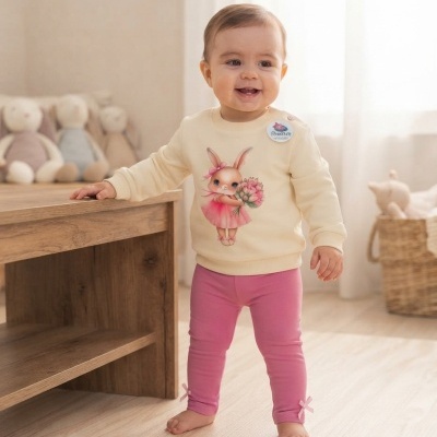 Bebé com camisola creme e estampado de coelho e leggings rosa de pé em ambiente interior