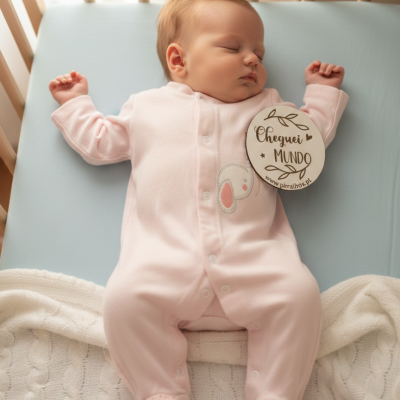 Bebé a dormir de macacão rosa num berço com placa circular