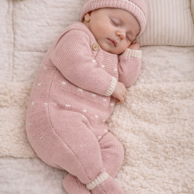 Bebé a dormir com fato de malha cor-de-rosa e gorro
