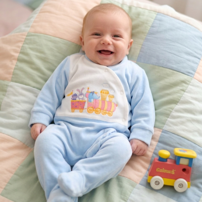 Bebé em fato azul claro com estampa de comboio sobre cobertor pastel e brinquedo comboio colorido.