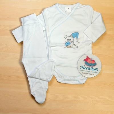 Conjunto de roupa de bebé branca com desenho de ursinho e autocolante Pirilhinhos
