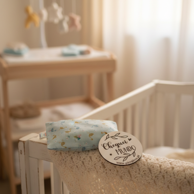 Manta bege de tricot na cama de bebé com almofada azul clara e placa com texto
