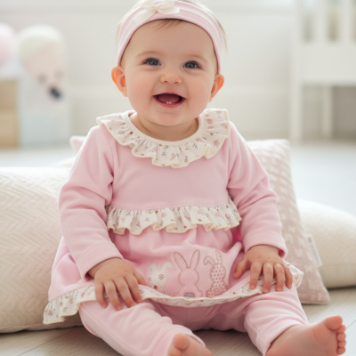 Bebé sorridente com roupa cor-de-rosa e faixa de cabeça
