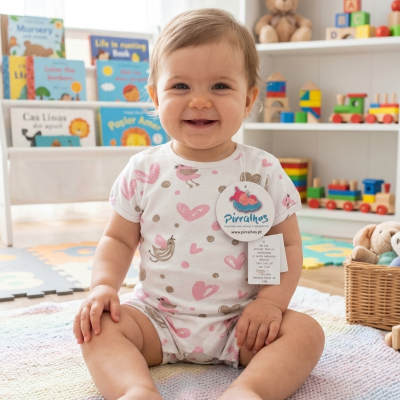 Bebé sorridente com body estampado sentado em tapete colorido com brinquedos e livros infantis ao fundo