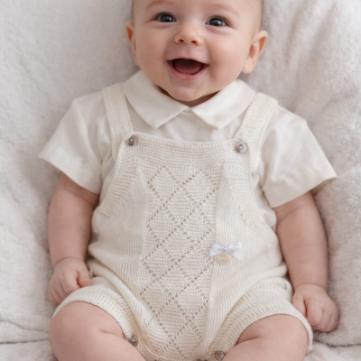 Bebé com camisa branca e jardineira de malha branca sentado sobre fundo branco macio