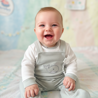 Bebé sorridente de fato verde-água com bordado de baleia e camisola branca sentado
