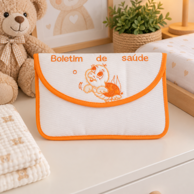 Capa branca com bordas e bordado laranja para boletim de saúde, em ambiente de quarto infantil.